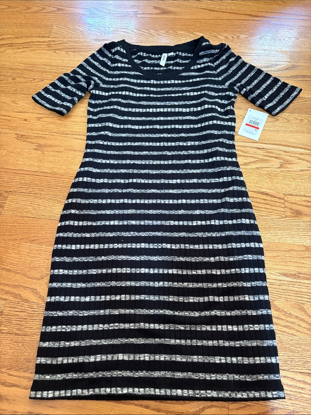 Kensie Black and White Striped Midi Knit Dress